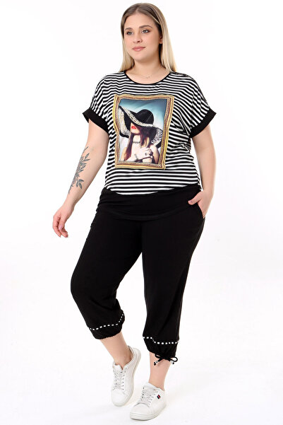 Kheos Set de pantaloni cu buzunare cu gât rotund, cu dungi și imprimate, cu t...