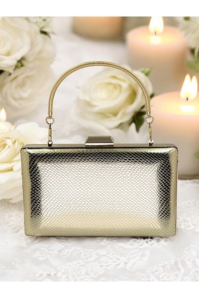 Ahenk Design Women's Evening Bag with Herringbone Pattern Light Gold Patent Leather - Metal Handle, Shiny for Engagement Wedding