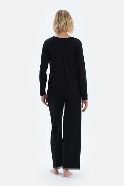 Dagi Black Lace Detail V-Neck Long Sleeve T-Shirt Pants Pajamas Set