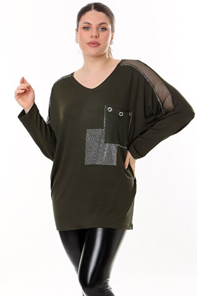 Kheos Πέτρα κεντημένη μακρυμάνικη άνετη και ντραπέ ελαστική μπλούζα με τσέπη και μανίκια με λαιμόκοψη σε σχήμα V και λεπτομέρεια από διχτυωτό