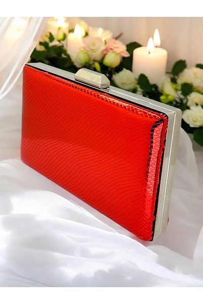Ahenk Design Red Color Herringbone Patterned Shiny Patent Leather Women's Evening Dress Bag Wedding Engagement