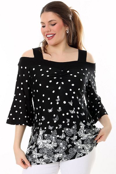 Kheos Front Back U Neck Chest Shirred Strap Off-the-shoulder Butterfly Printed Flounced Spanish Quarter Sleeve Casual Blouse