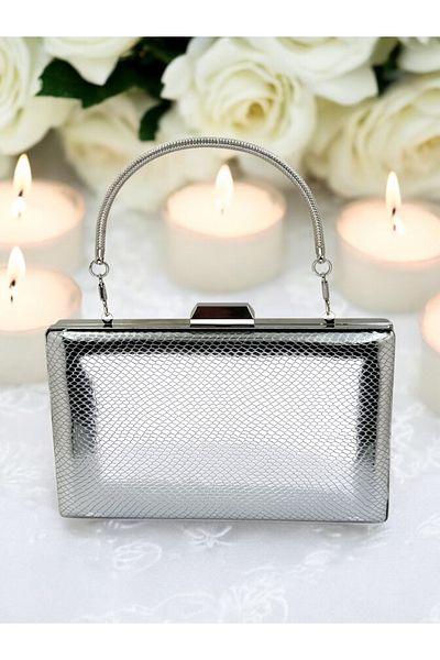 Ahenk Design Silver Color Herringbone Pattern Metal Handle Shiny Patent Leather Women's Evening Dress Bag Wedding Engagement