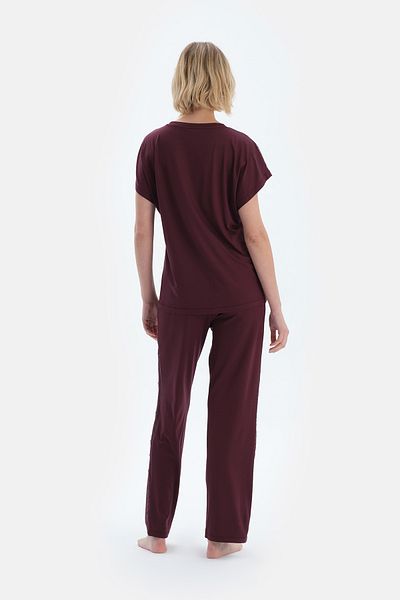 Dagi Plum Lace Detailed Short Sleeve Viscose T-Shirt Pants Pajamas Set