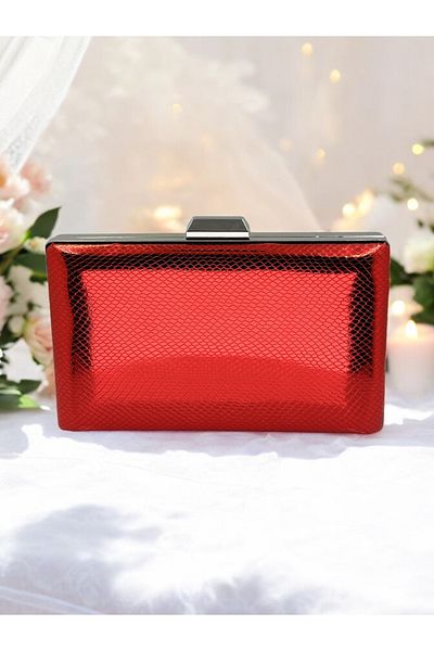 Ahenk Design Red Color Herringbone Patterned Shiny Patent Leather Women's Evening Dress Bag Wedding Engagement