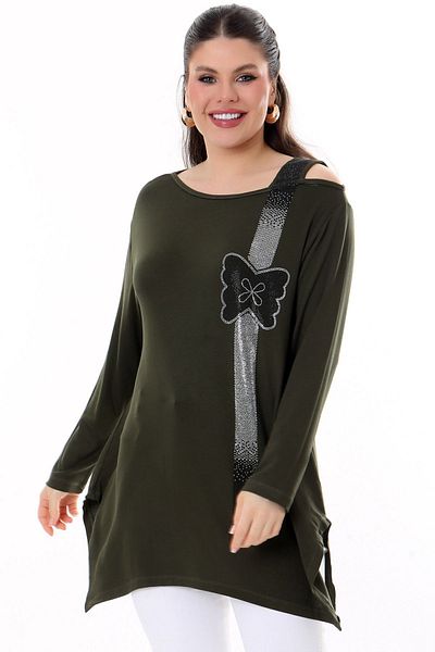 Kheos Single Shoulder Low-cut Round Neck Butterfly Stone Embroidered Side Slit Flexible Flowy and Comfortable Blouse
