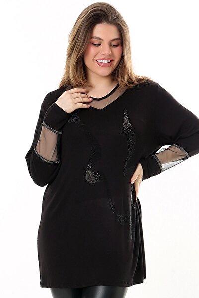 Kheos Μπλούζα με μακρυμάνικο μακρυμάνικο, άνετη και άνετη εφαρμογή με κεντημένη πέτρα με λαιμόκοψη σε σχήμα V με λεπτομέρεια από τούλι σε γιακά και μανίκι