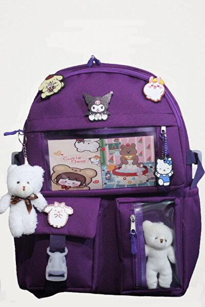 Mabai Purple School Backpack with Korean Style Accessories and Teddy Bear