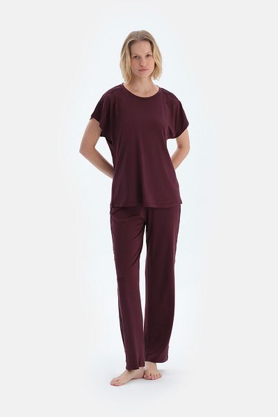 Dagi Plum Lace Detailed Short Sleeve Viscose T-Shirt Pants Pajamas Set