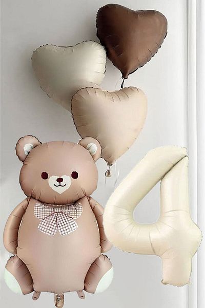 Atölye Mi 4Th Birthday Caramel Balloon Set with Bowtie Bear and 3 Retro Heart Balloons
