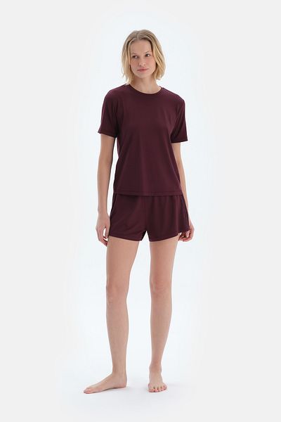 Dagi Plum Lace Detailed Short Sleeve Viscose T-Shirt Shorts Pajamas Set
