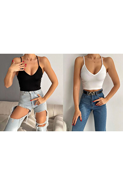 ALLEYTA Дамски къс топ с двойно V-образно деколте и въжена презрамка