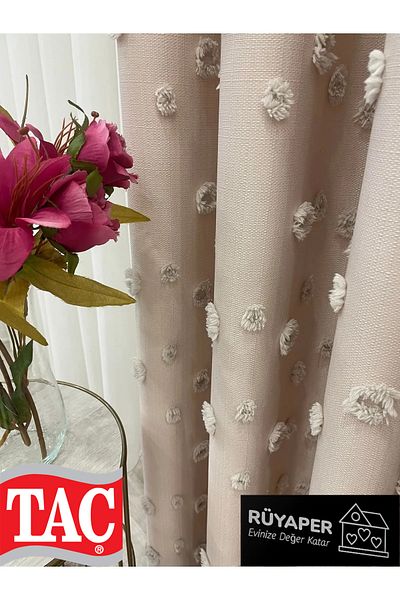 Taç Dream Beige Color Pompom Pufy Background Curtain 1/3 Sik Pleat