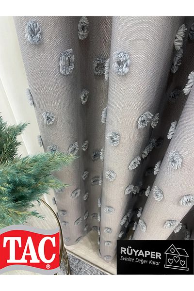 Taç Dream Grey Color Pompom Pufy Background Curtain 1/3 Sik Pleat