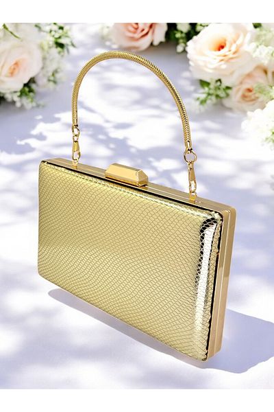 Ahenk Design Women's Evening Bag with Herringbone Pattern Light Gold Patent Leather - Metal Handle, Shiny for Engagement Wedding