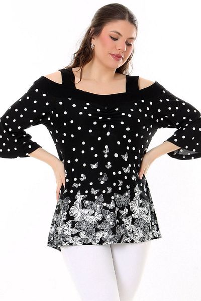 Kheos Front Back U Neck Chest Shirred Strap Off-the-shoulder Butterfly Printed Flounced Spanish Quarter Sleeve Casual Blouse