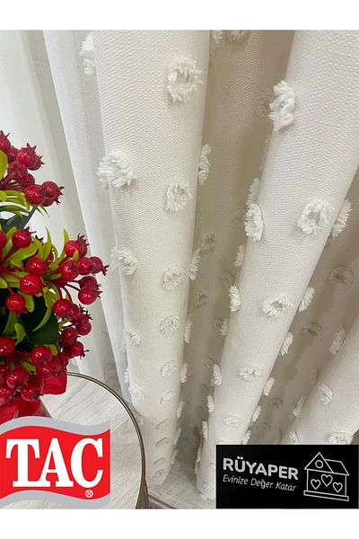 Taç Dream Ecru Color Pompom Pufy Background Curtain 1/3 Sik Pleat