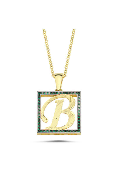 Kayra Mücevher B Harfli  Yeşil Taşlı 14 Ayar Altın Kaplama Kolye