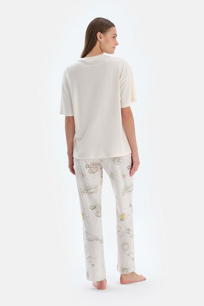 Dagi Ecru Print Detailed Short Sleeve T-Shirt Pants Pajama Set
