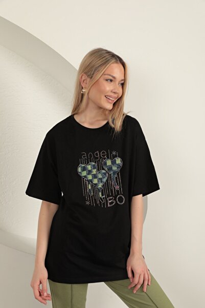 FTT SHOPPING MARKET Single jersey fabric stone printed women's t-shirt-black