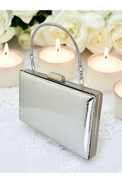 Ahenk Design Silver Color Herringbone Pattern Metal Handle Shiny Patent Leather Women's Evening Dress Bag Wedding Engagement