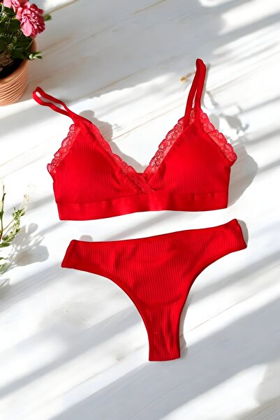 Luvensa Kırmızı Fitilli Pamuklu Dantelli Bralet Takımı (SÜTYEN & KÜLOT)