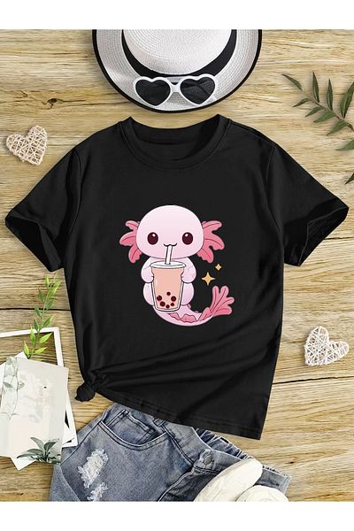 Let's Wear Тениска с кръгло деколте Bubble Tea Anime Compact с пениран памук за момичета