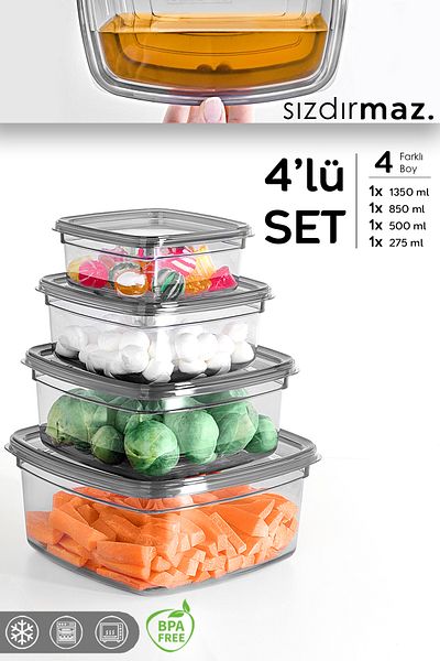 Meleni Home Set of 4 Square Leak Proof Storage Containers - Organizer Food Container 1X(275-500-850-1350)Ml Anthracite