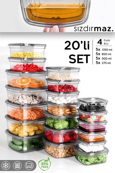 Meleni Home Set of 20 Square Leakproof Storage Containers - Organizer Food Container 5X(275-500-850-1350)Ml Anthracite