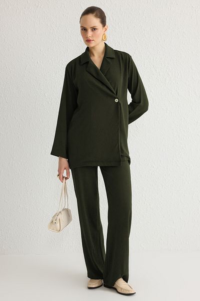Trendyol Modest Khaki Belted Double Breasted Shirt-Pants Woven Bottom-Top Suit Tctss25Us00001