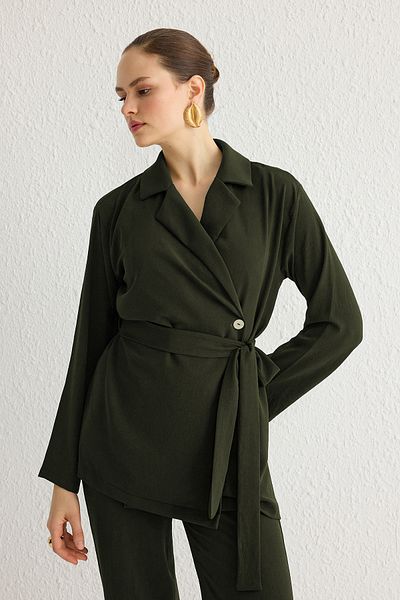 Trendyol Modest Khaki Belted Double Breasted Shirt-Pants Woven Bottom-Top Suit Tctss25Us00001