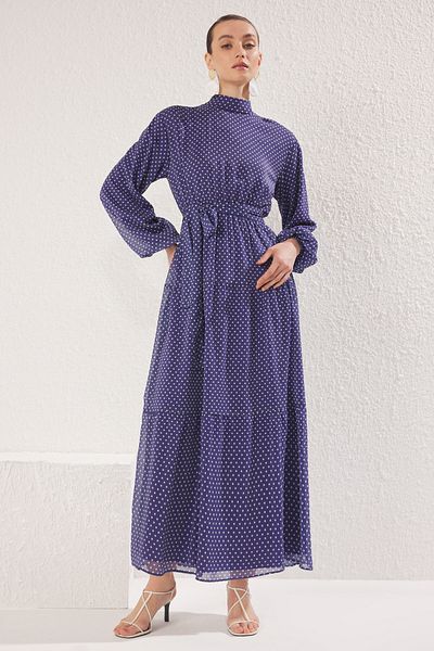 Trendyol Modest Μπλε ναυτικό φόδρα πουά υφαντό σιφόν μουσουλμανικό φόρεμα TCTSS25EB00071