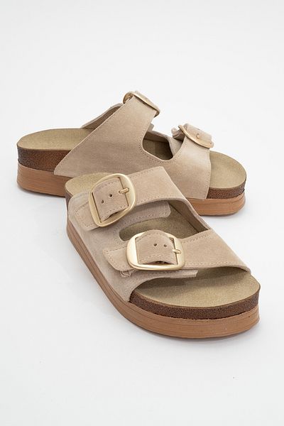 LuviShoes شبشب نسائي من الجلد الطبيعي ذو رباط مزدوج من جلد الغزال البيج من HARBOR بنعل سميك