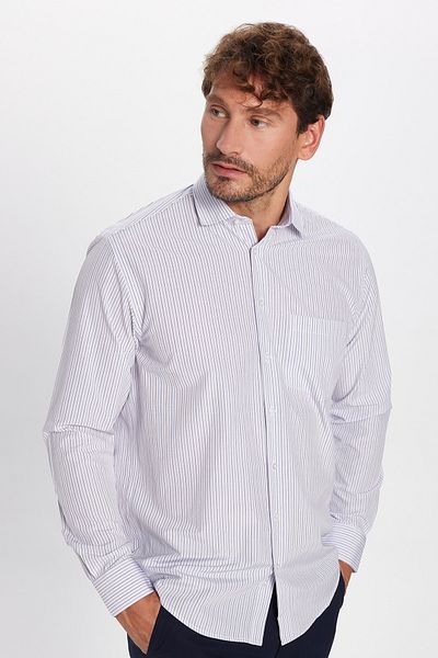 Tudors Men's Regular Fit Classic Cut Single Pocket Stripe White Italian Lapel Shirt