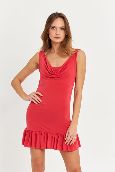 Cool & Sexy Korallenfarbenes Damen-Minikleid mit Degaje-Ausschnitt – HOR0078
