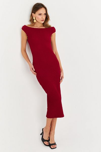 Cool & Sexy Rochie midi de damă bordeaux cu guler asimetric - Seersucker MOD2358