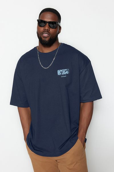 Trendyol Collection Navy Blue Oversize Large Size Fluffy Text Printed Cotton T-Shirt - Tmnss25Bf00018