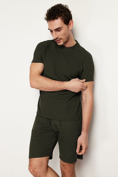 Trendyol Collection Σετ πιτζάμες με χακί κανονική εφαρμογή βάφλα πλεκτό σορτς TMNSS23PT00032