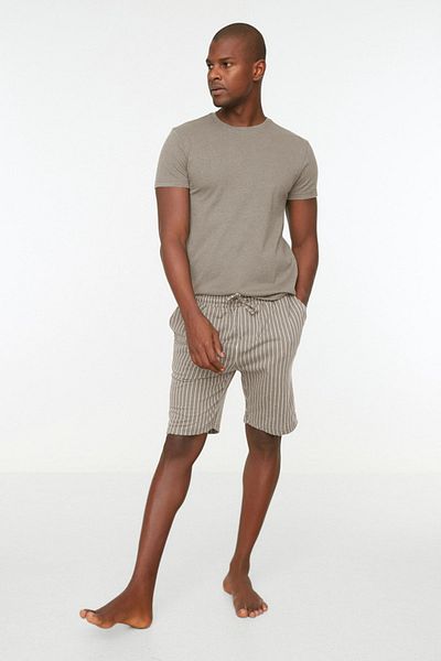 Trendyol Collection Men's Mink Regular Fit Knitted Pajama Set with Striped Shortstmnss22Em0013