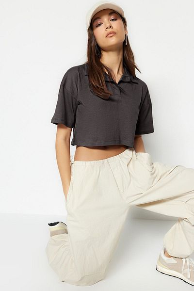 Trendyol Collection Polo Neck Crop Knitted T-Shirt - Anthracite, 100% Cotton - Twoss22Ts0241