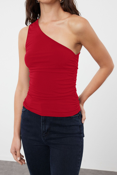 Trendyol Collection One Shoulder Red Stretchy Fitted Blouse - Drawstring Detail, Body-Fitting Twoss21Bz0590