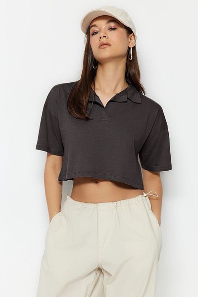 Trendyol Collection Polo Neck Crop Knitted T-Shirt - Anthracite, 100% Cotton - Twoss22Ts0241