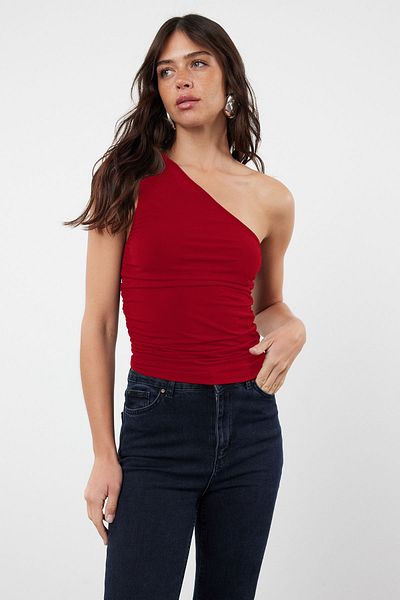 Trendyol Collection Rote, dehnbare, sitzende One-Shoulder-Bluse mit Kordelzug und detailliertem, körperbetontem TWOSS21BZ0590