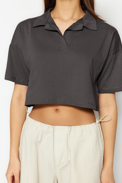 Trendyol Collection Polo Neck Crop Knitted T-Shirt - Anthracite, 100% Cotton - Twoss22Ts0241