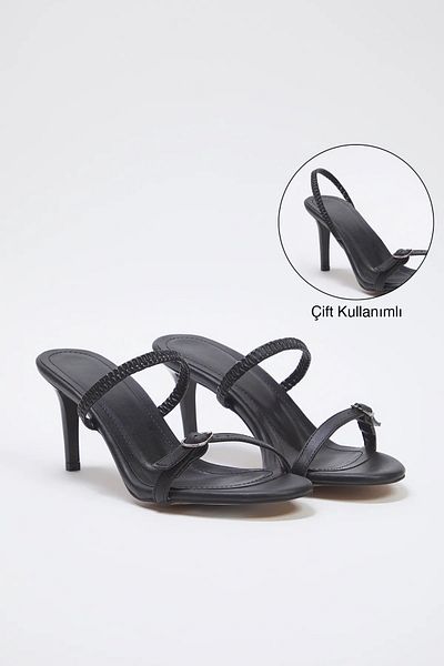 TRENDYOL SHOES Schwarze, detaillierte Damen-Sandalen mit doppeltem Verwendungszweck und dünnem Absatz und Mandelzehe. Damen-Sandalen mit Absatz TAKSS25TO00010