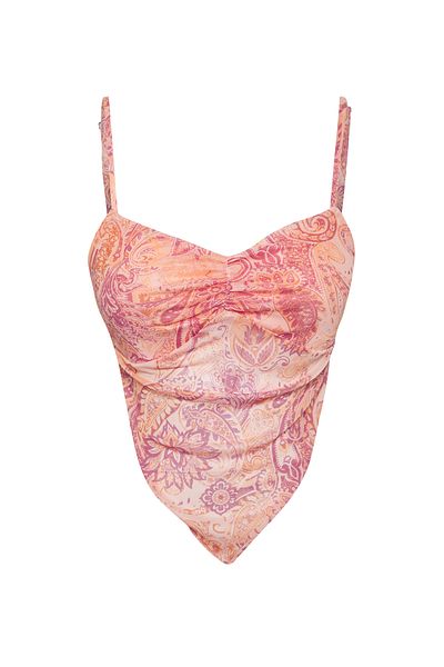 Trendyol Collection Pink Printed Cross Back Asymmetrical Hem Tulle Knitted Blouse Twoss23Bz00566