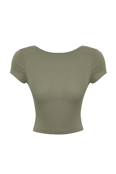 Trendyol Collection Khakifarbene Crop-Bluse aus dehnbarer Baumwolle – tief ausgeschnittener Rücken, TWOSS23BZ00912