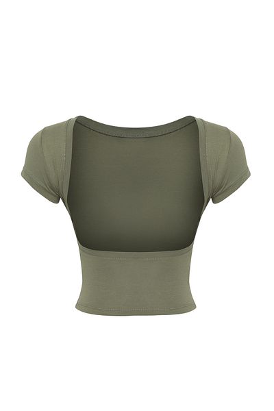 Trendyol Collection Khakifarbene Crop-Bluse aus dehnbarer Baumwolle – tief ausgeschnittener Rücken, TWOSS23BZ00912