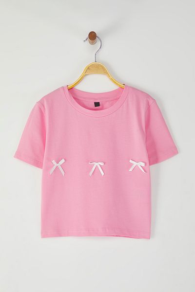Trendyol Collection Pink Crop kötött póló - rövid ujjú, masni részlet TWOSS24TS00248
