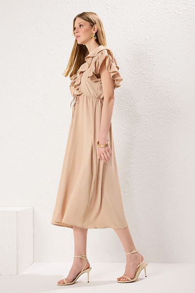 Trendyol Collection Μπεζ υφαντό φόρεμα από βισκόζη σε γραμμή Α TWOSS24EL01053
